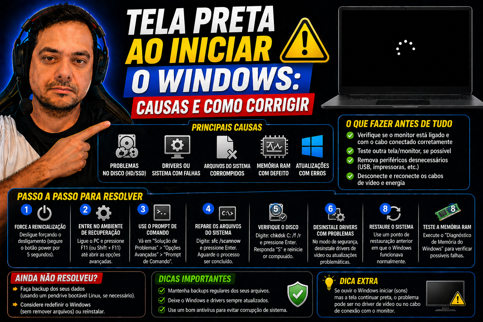 Tela preta ao iniciar o Windows: causas e como corrigir