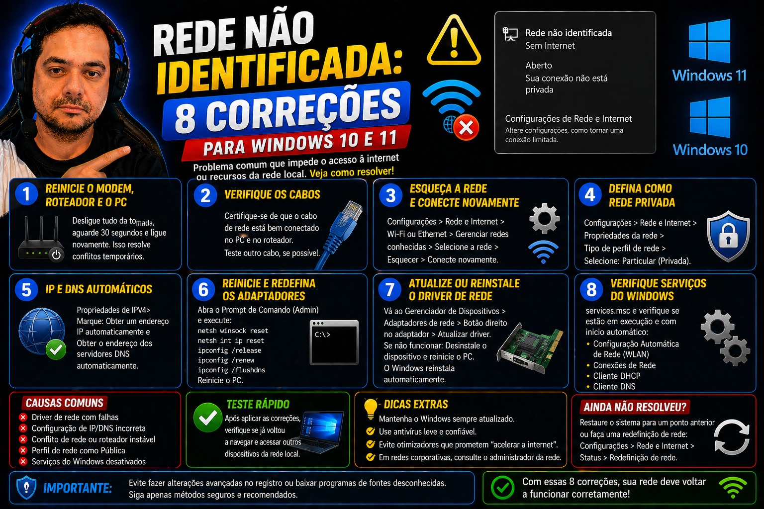 Rede não identificada: 8 correções para Windows 10 e 11