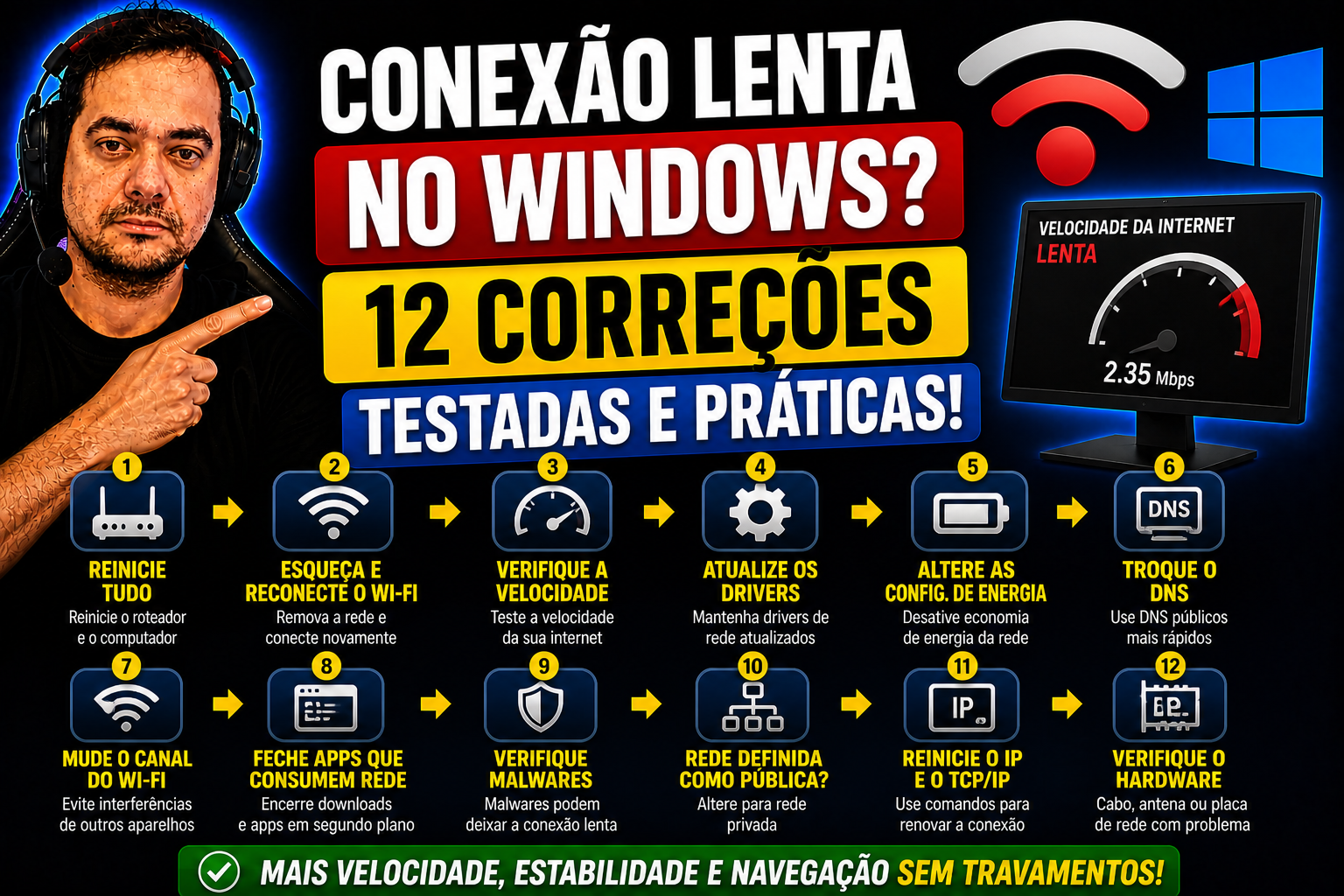 Conexão lenta no Windows: 12 correções testadas e práticas