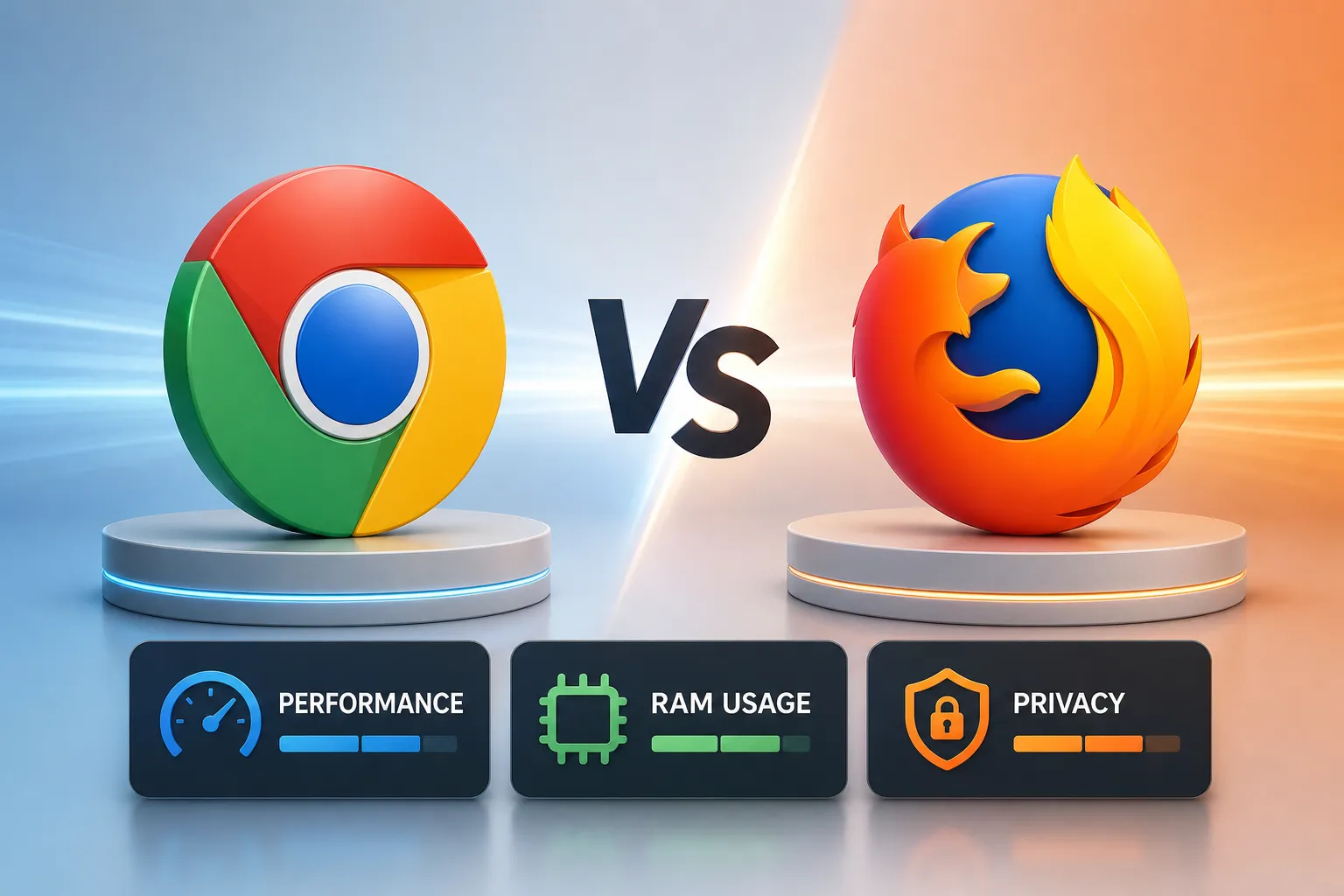 Chrome vs Firefox: desempenho, RAM e privacidade em 2026