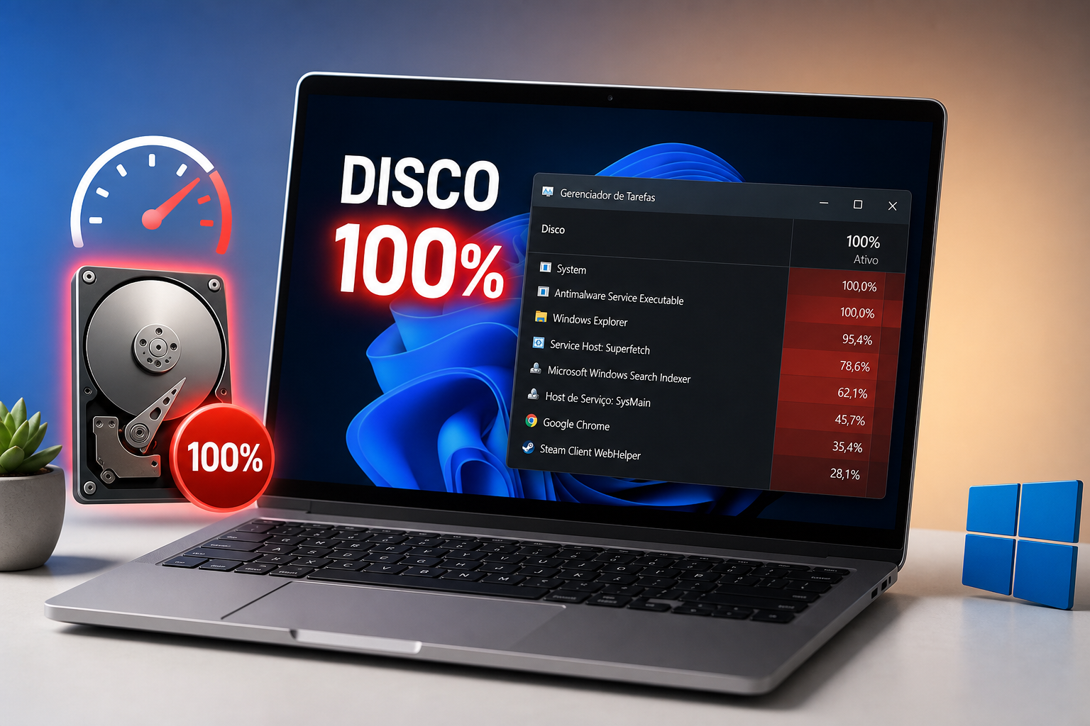 Por que o disco fica em 100% no Windows: 9 correções